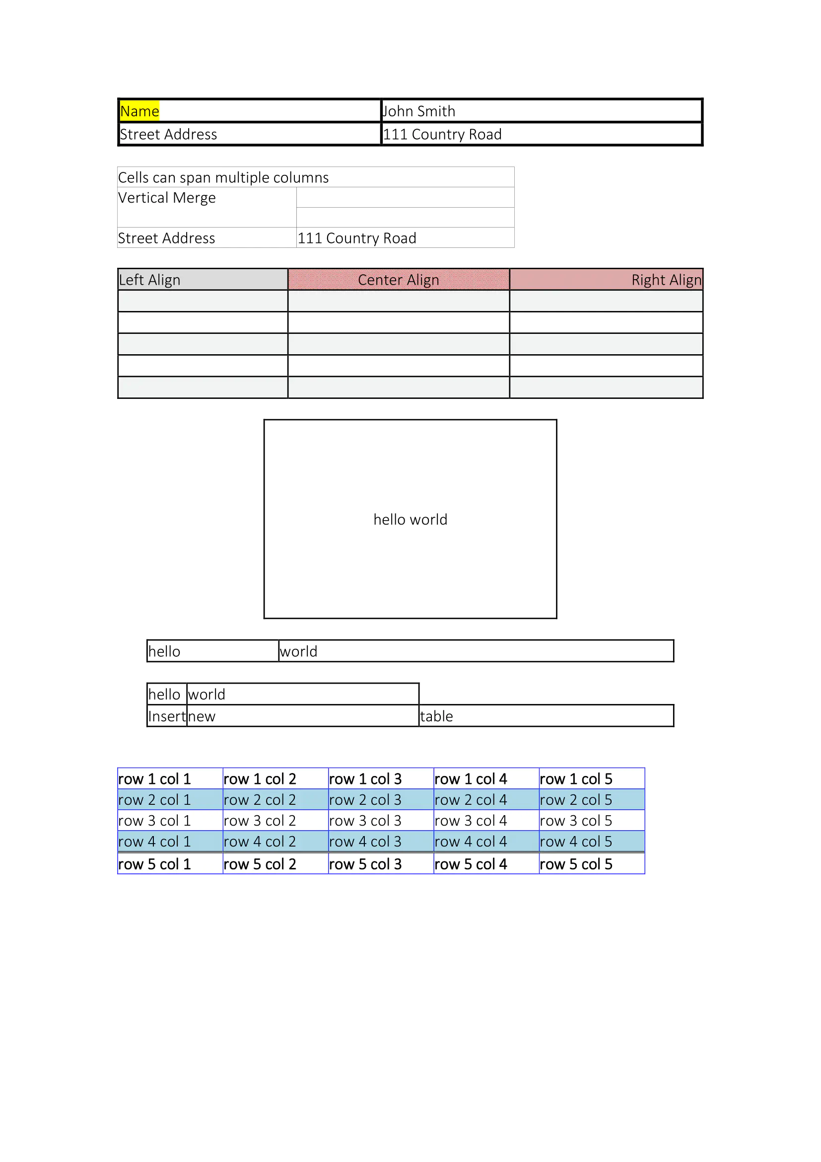 Page with custom tables