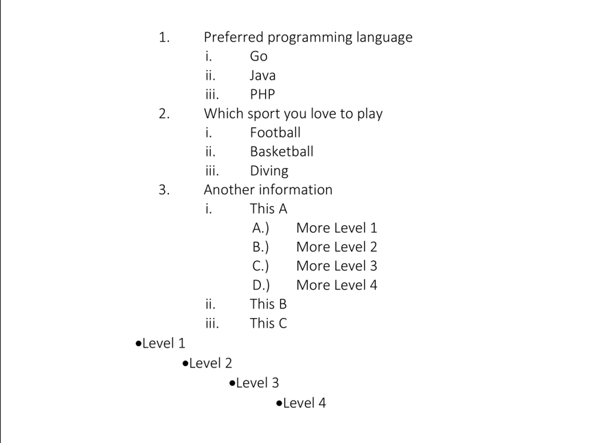 Numbered list with nested roman and letter levels, followed by four bullet levels