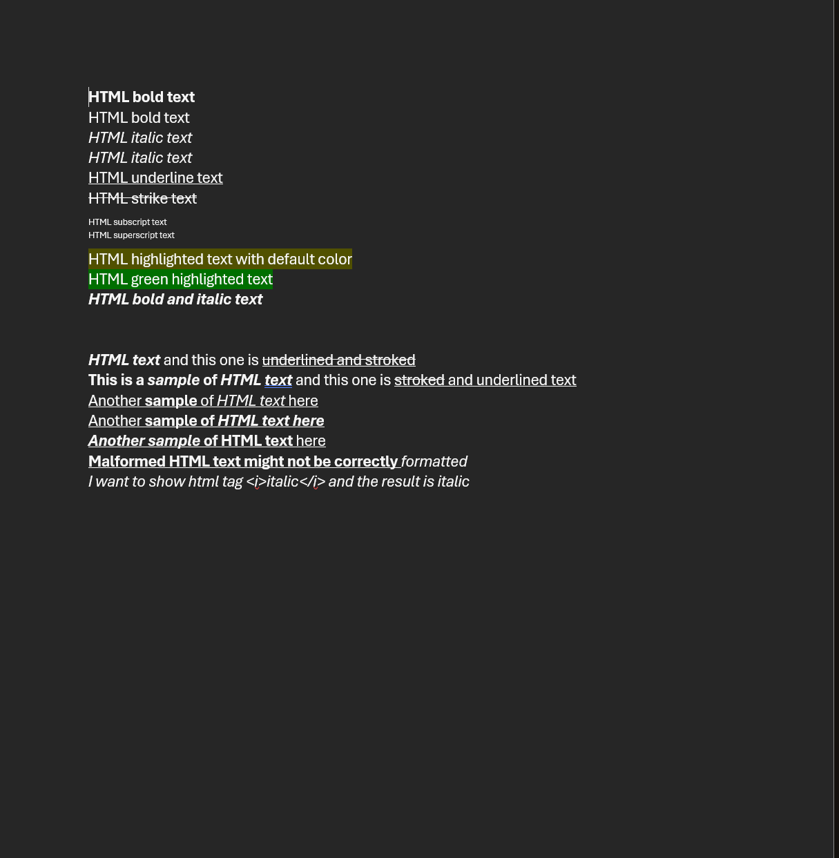Paragraphs showing bold, italic, underline, strikethrough, subscript, superscript and highlighted text