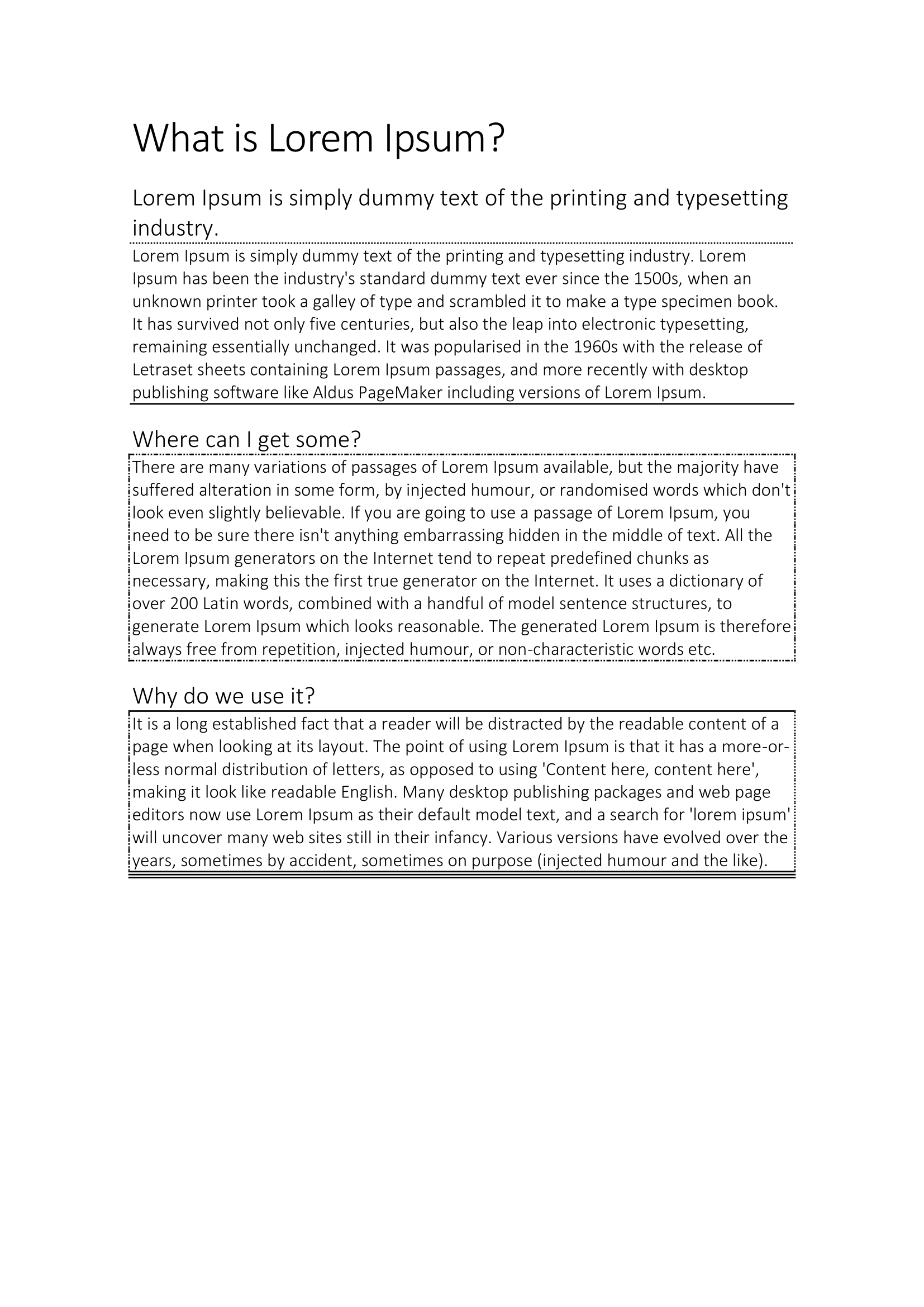 Lorem ipsum page with rules under headings, a dotted box and a mixed-style box