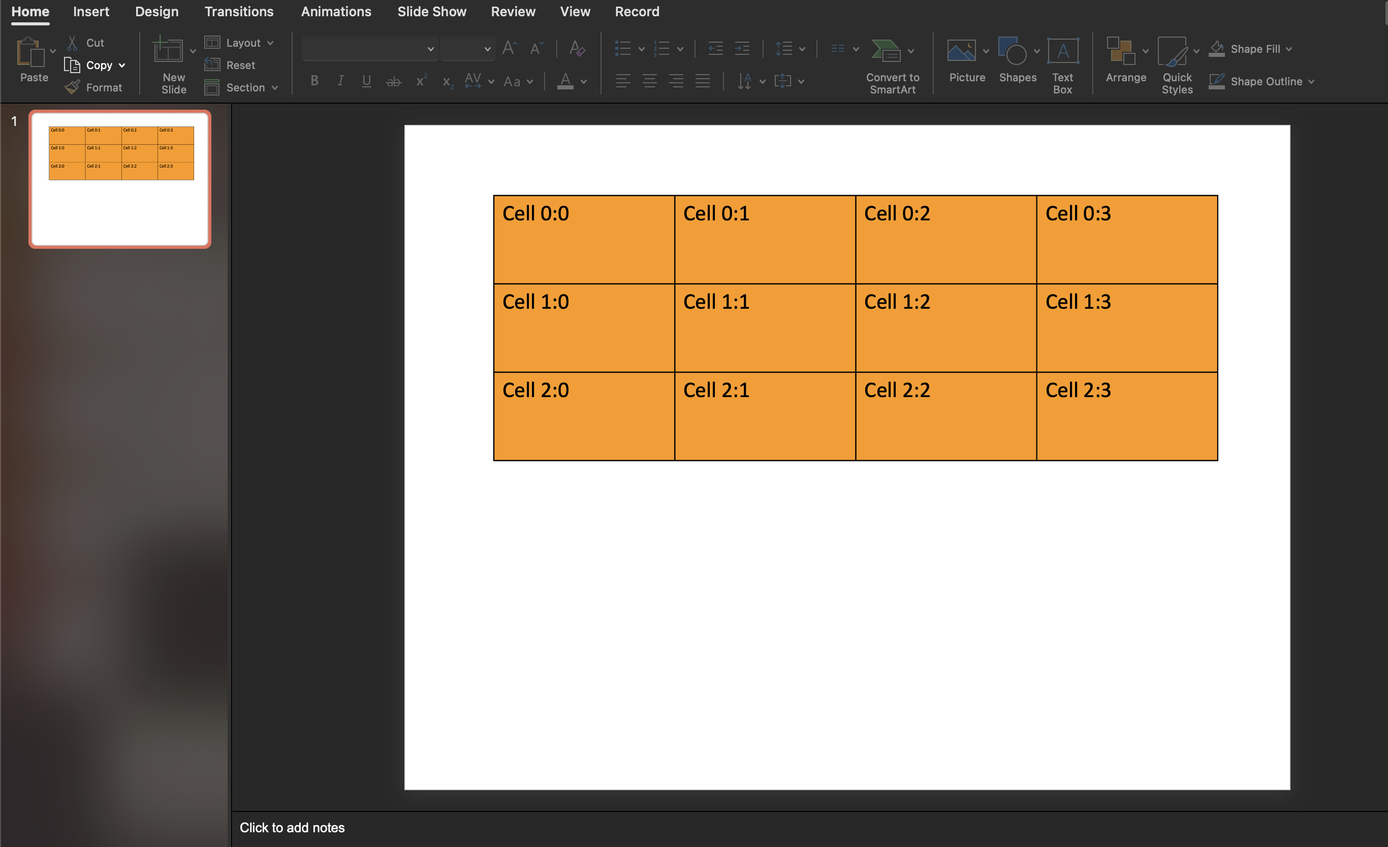 Slide with a four by three orange table