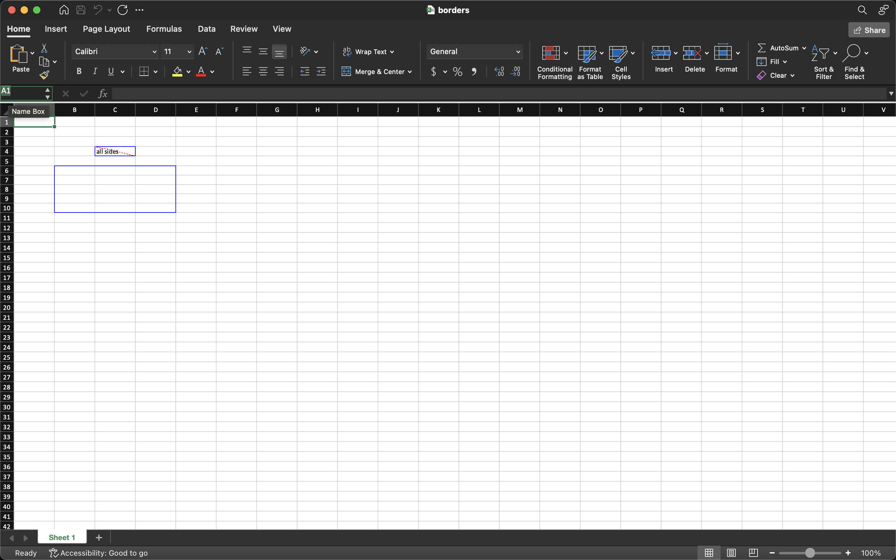 Spreadsheet with a boxed cell and a boxed range