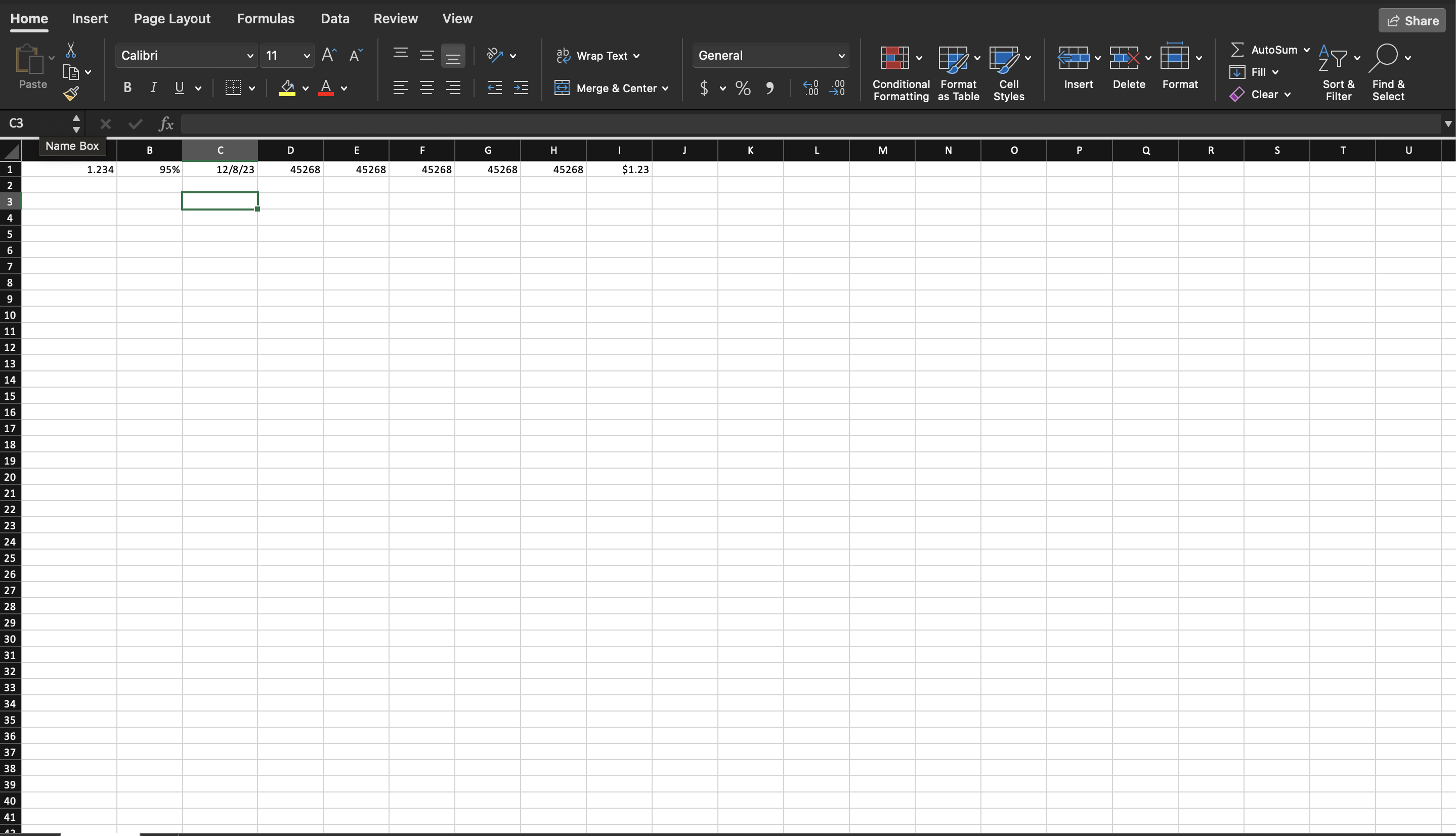 Row of cells with different number and date formats