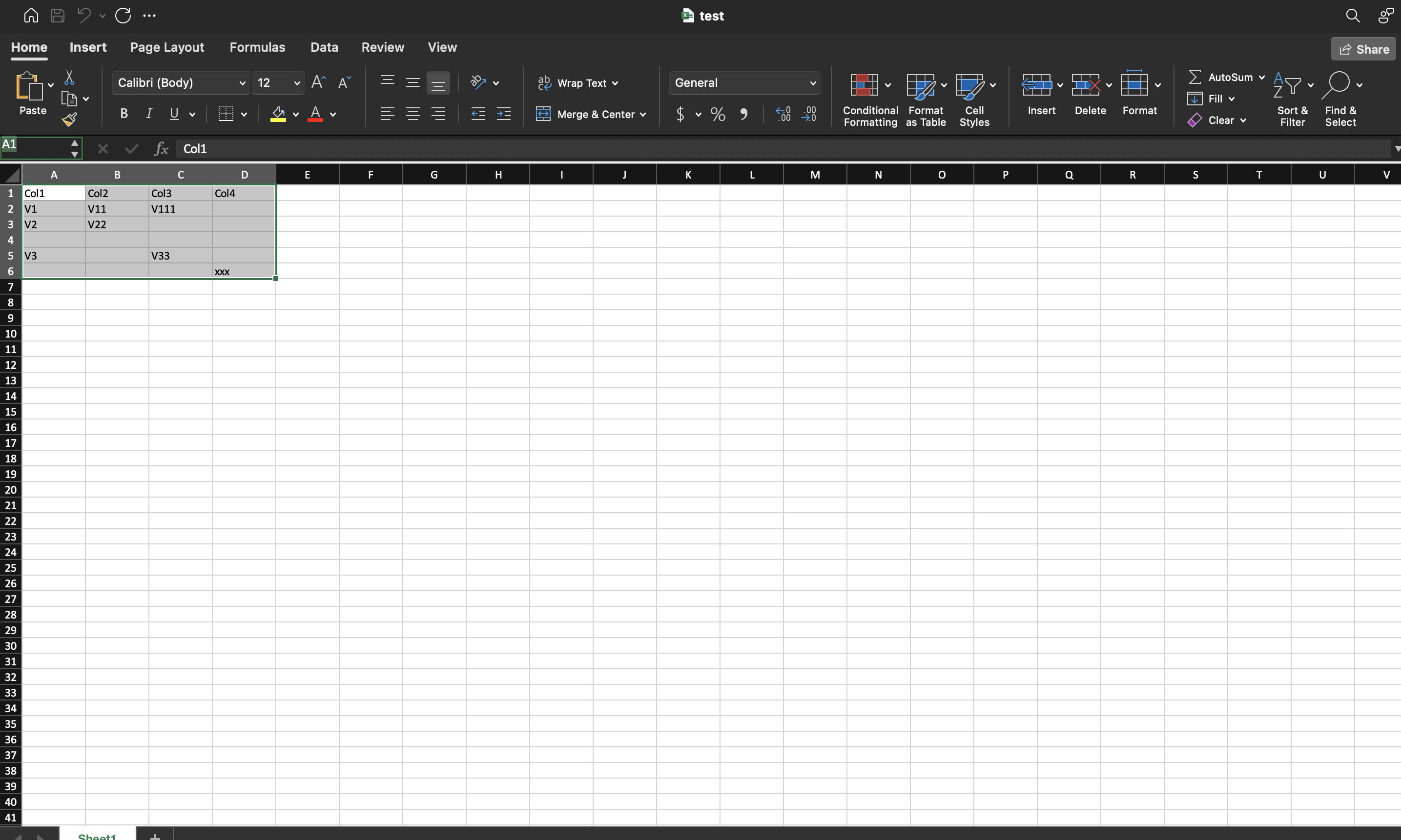 Test spreadsheet with gaps in several rows