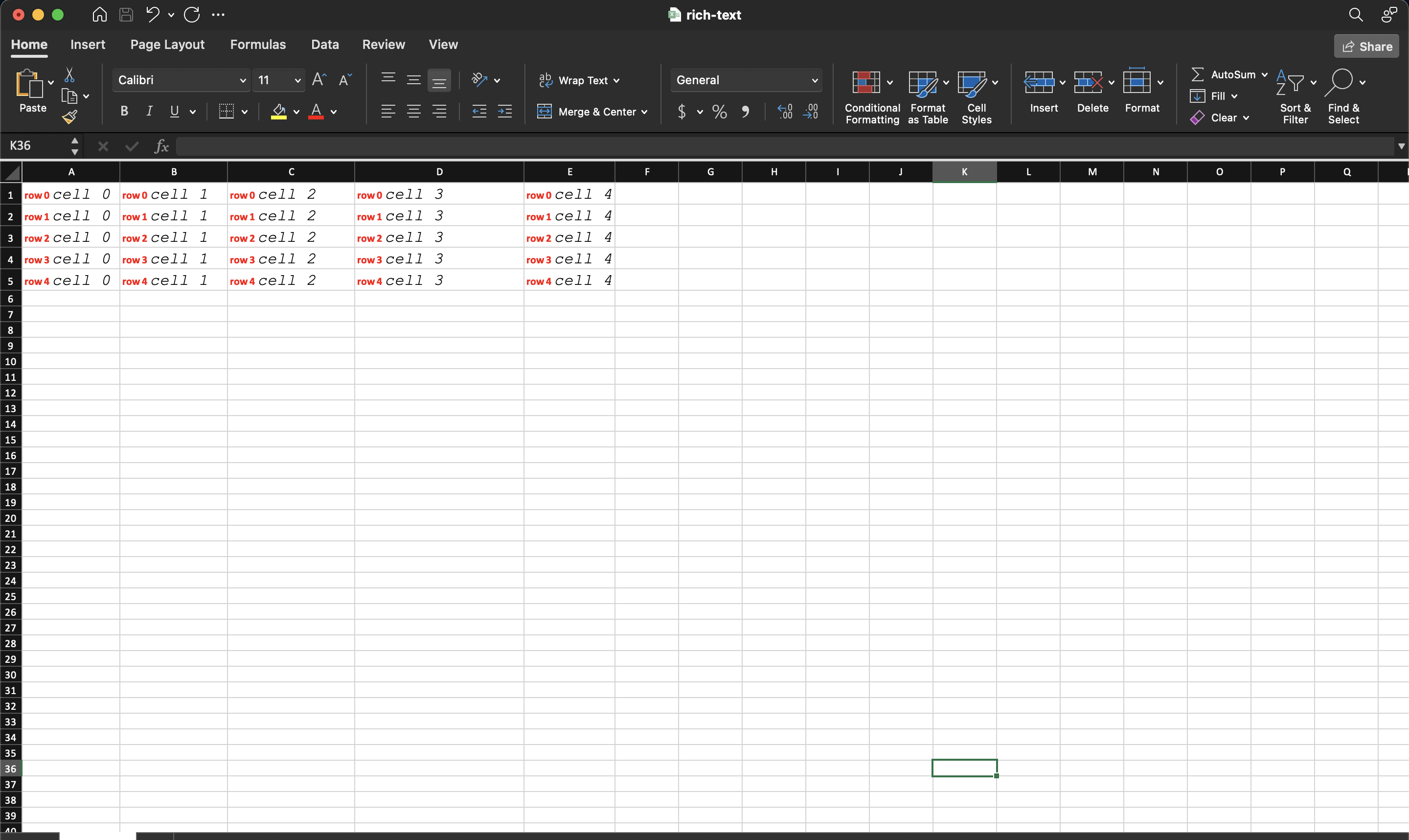Grid of cells each holding two differently formatted runs