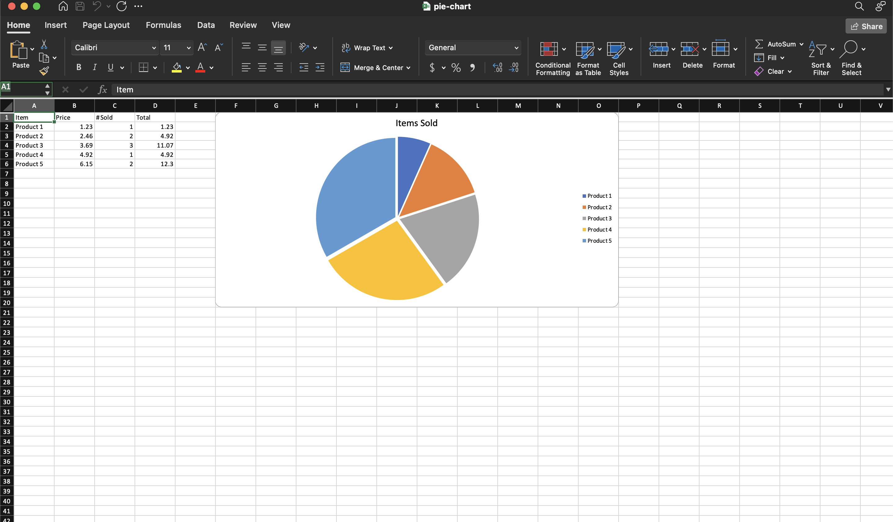Spreadsheet with a pie chart