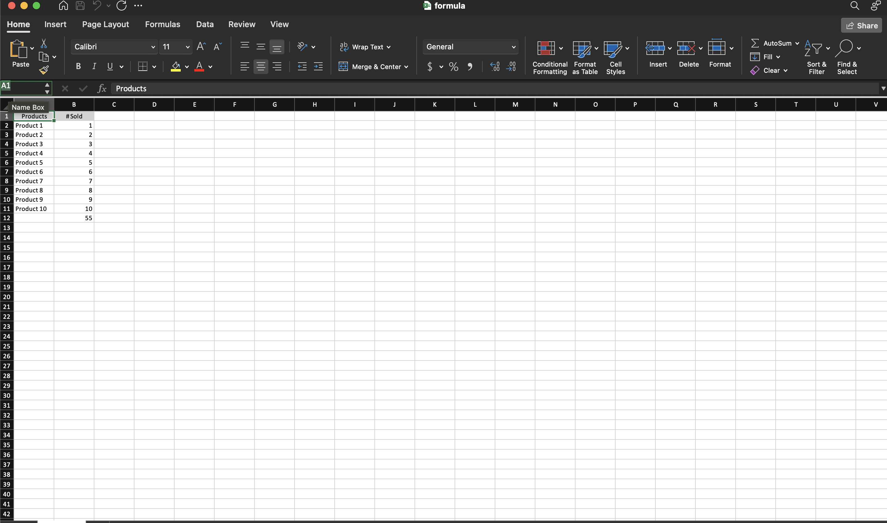 Spreadsheet with a SUM formula in the total row