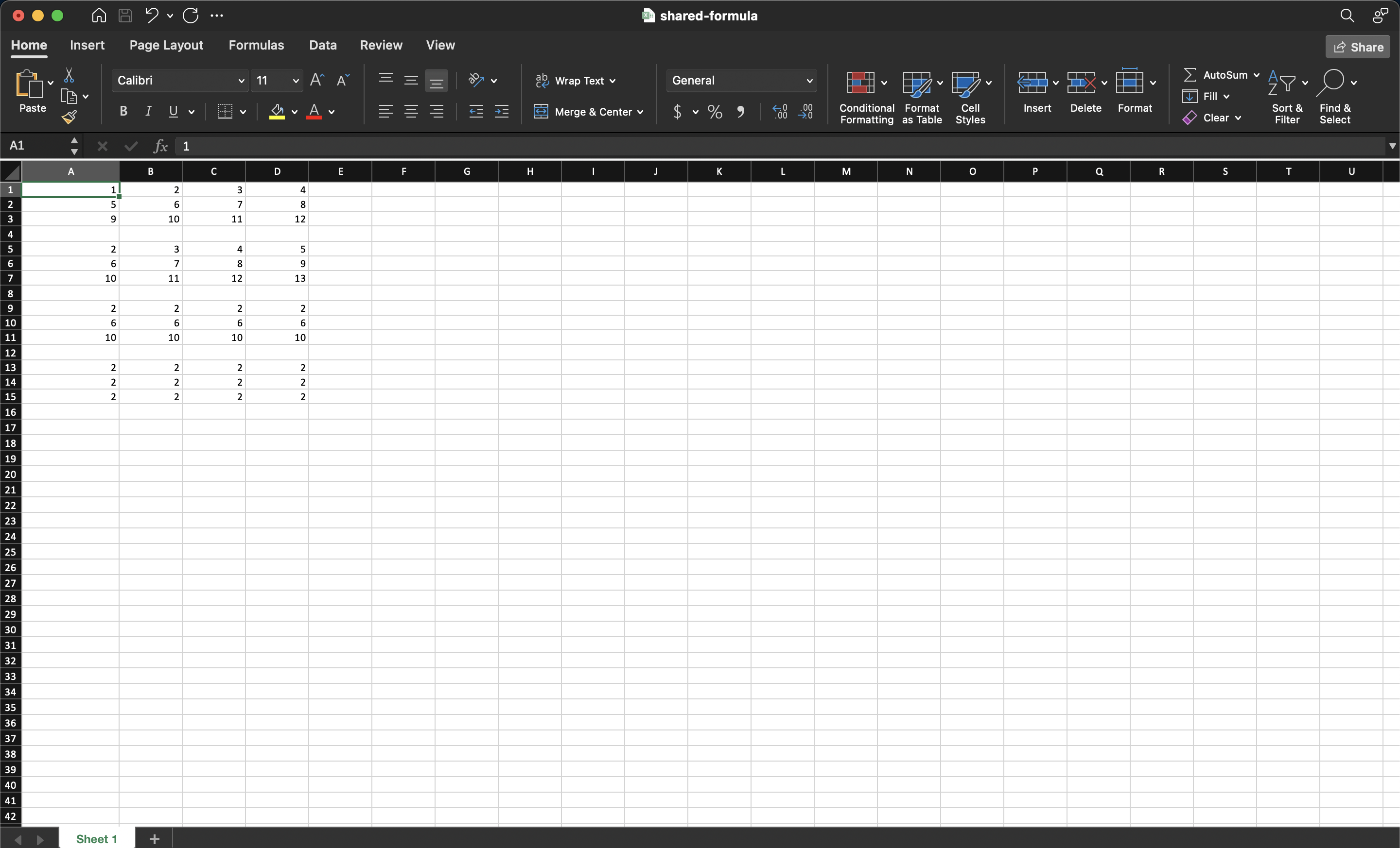 Three blocks of shared formula results in Excel