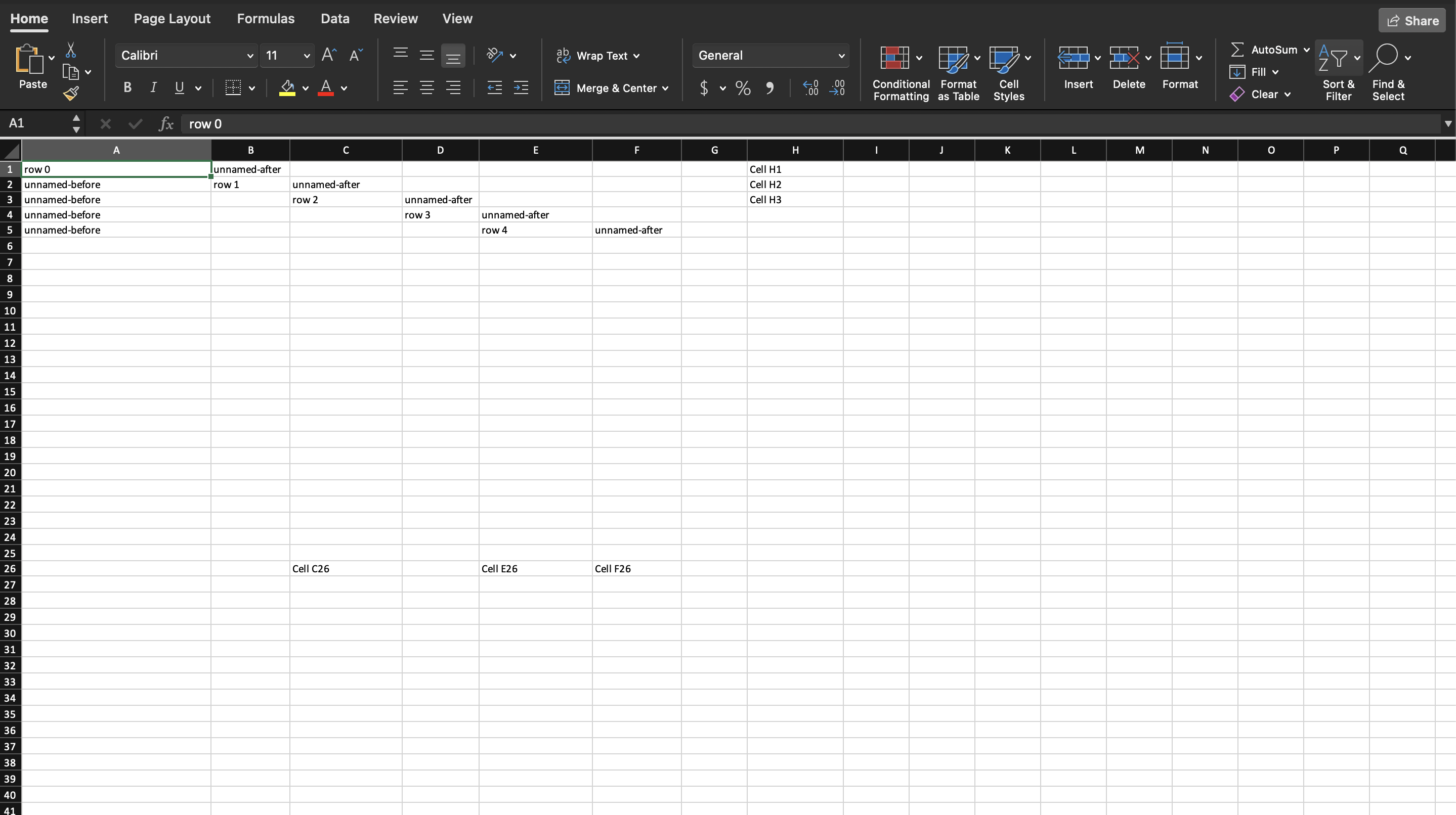 Named and unnamed cells placed across columns in Excel