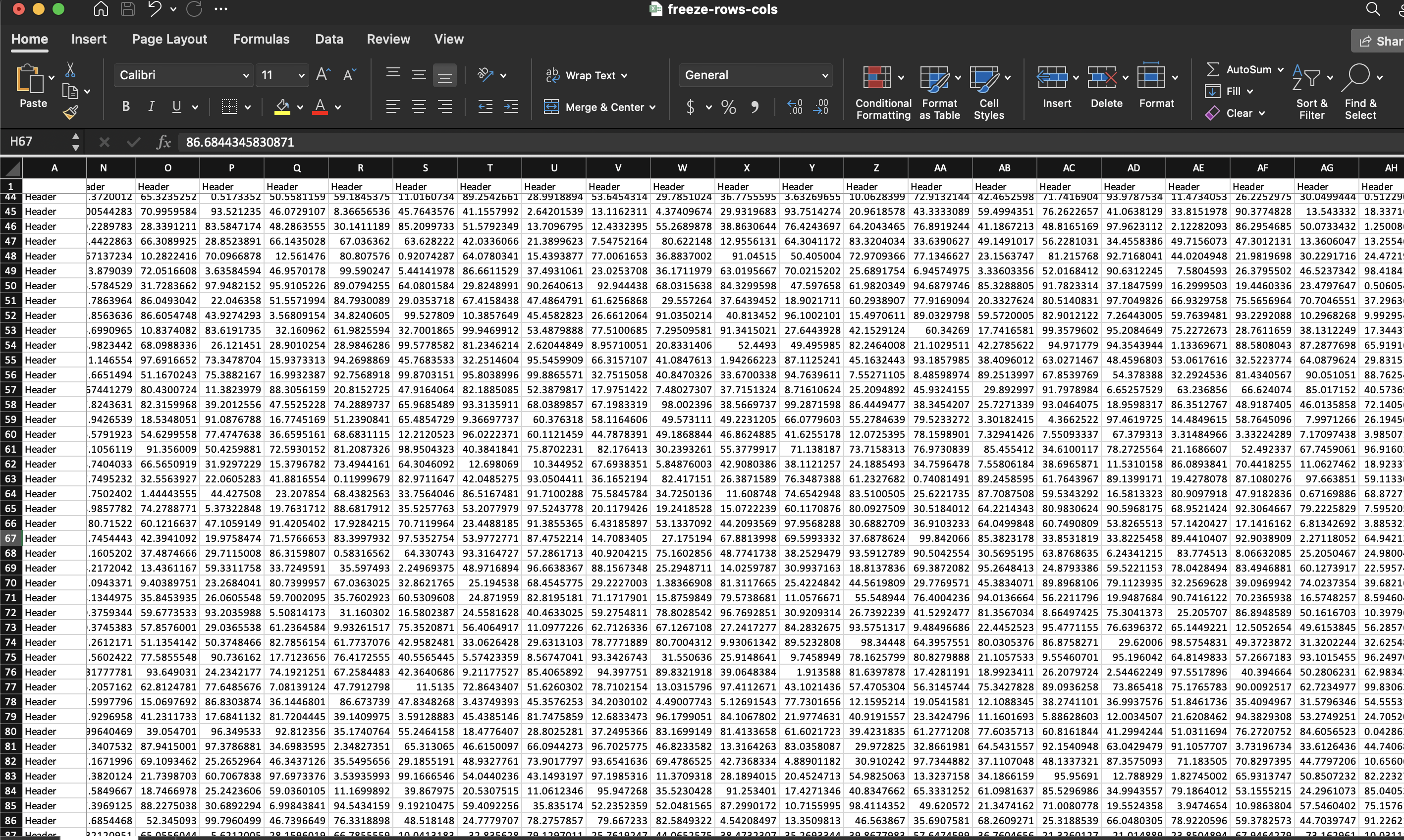 Spreadsheet with the first row and column frozen