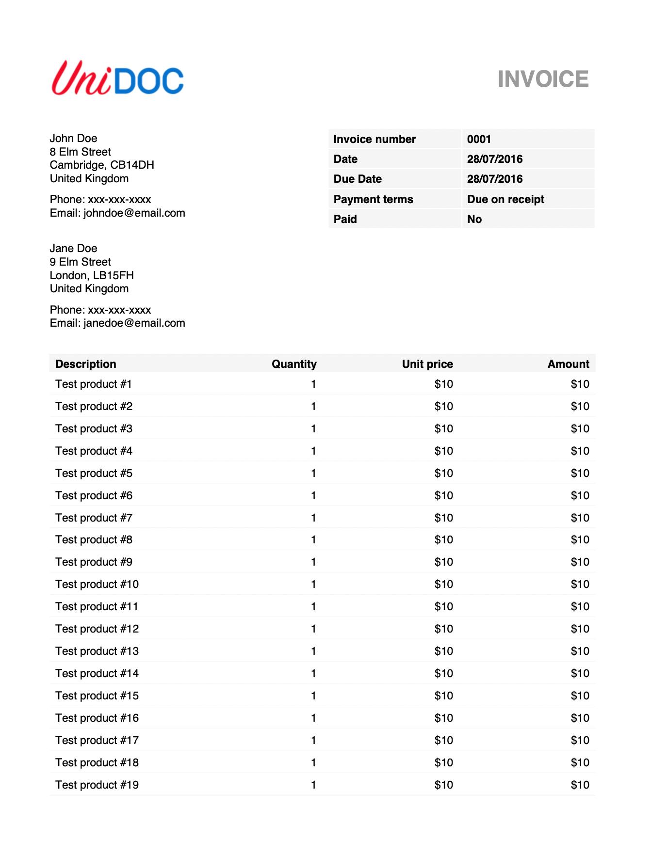 The first page of the generated invoice